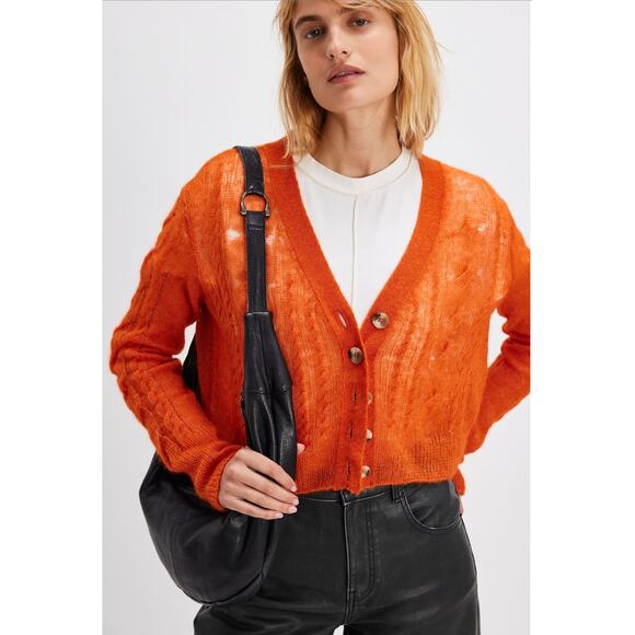 Free People NWT Moon Sky Alpaca Cardigan Sweater in Orange Zest Size Large - Picture 10 of 10